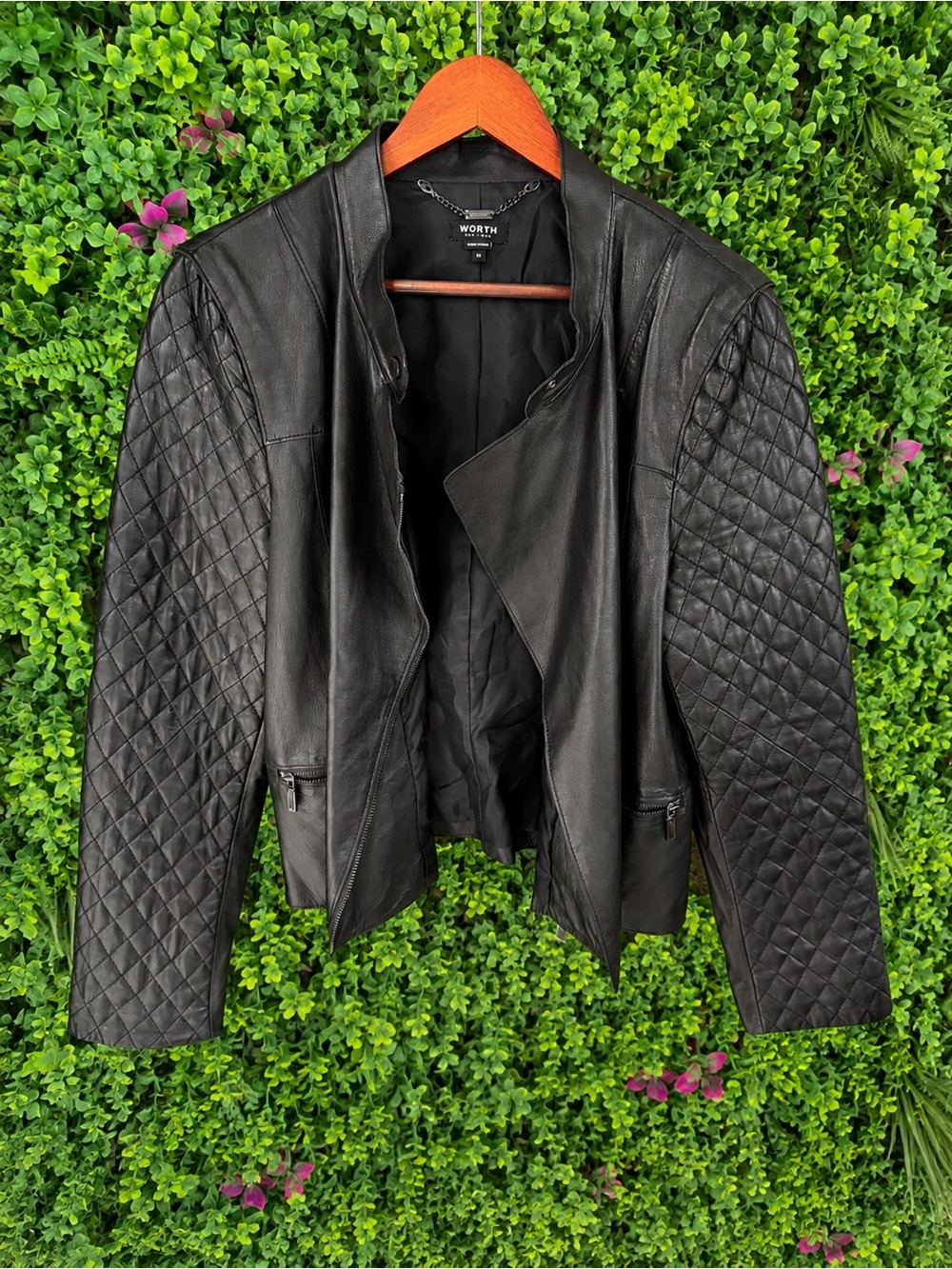 WORTH New York 100% Genuine Leather Quilted Moto Jacket Black Size 16 - Picture 2 of 12